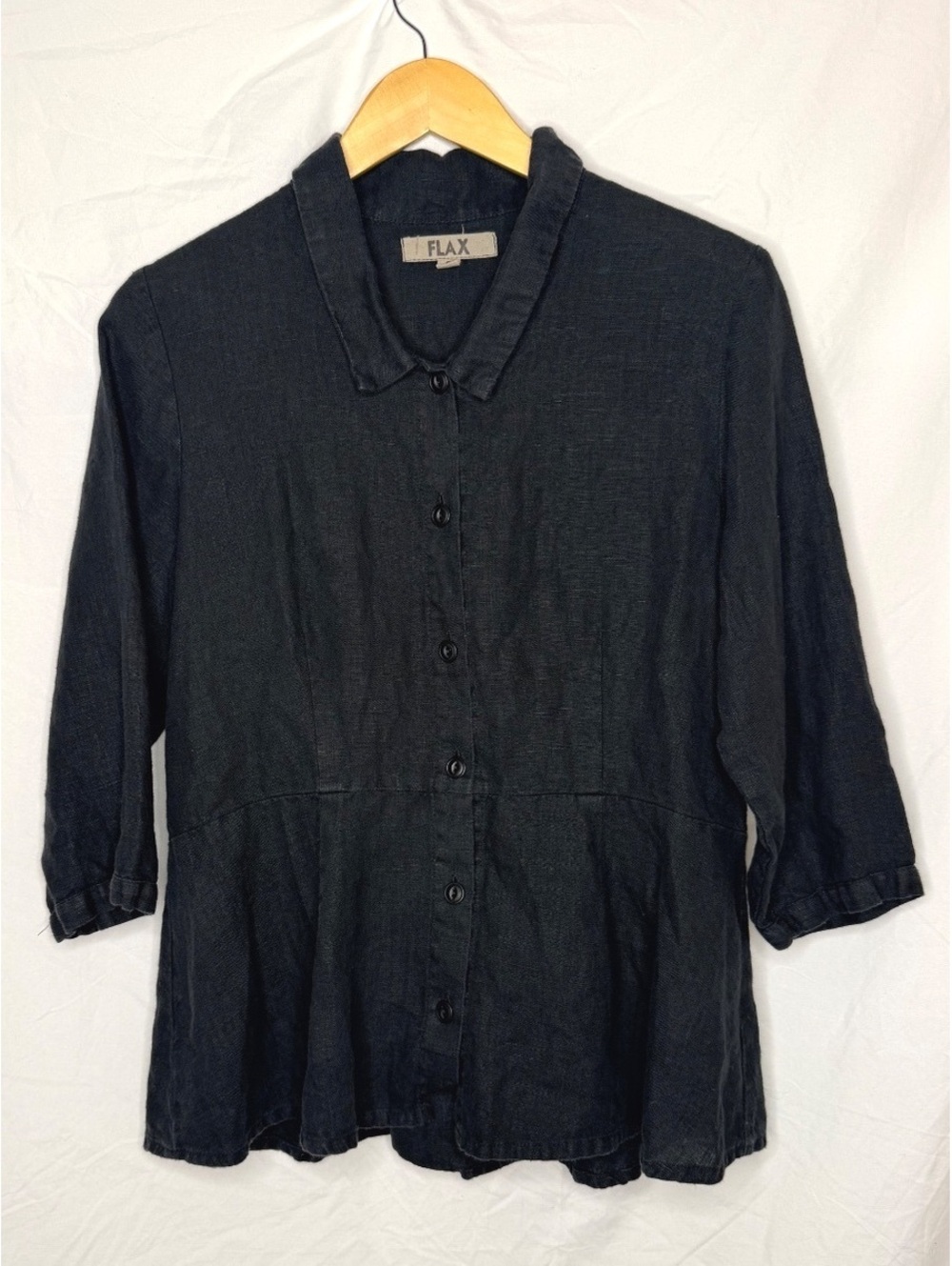 FLAX 100% Linen Black Button Front Peplum Blouse Small